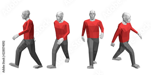 Walking low poly man. Isolated on white background. Vector illustration.