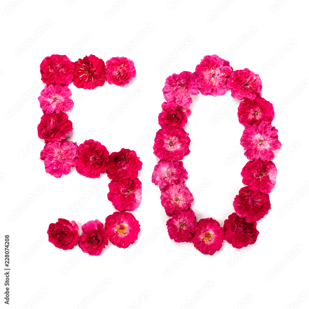 number 50 from flowers of a red and pink rose on a white background. Typographical element for design. Flower numbers, date, isolate, isolated number 50 from flowers of a red and pink rose on a white background. Typographical element for design. Flower numbers, date, isolate, isolated