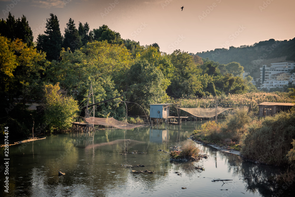 Obraz premium Local fishing nets at a laguna in Ulcinj in Montenegro