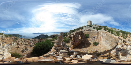 360 degree spherical panorama from ancient watchtower Albercutx watchtower in Pollenca in the sierra de tramuntana of mallorca with view on the ocean - Spain photo