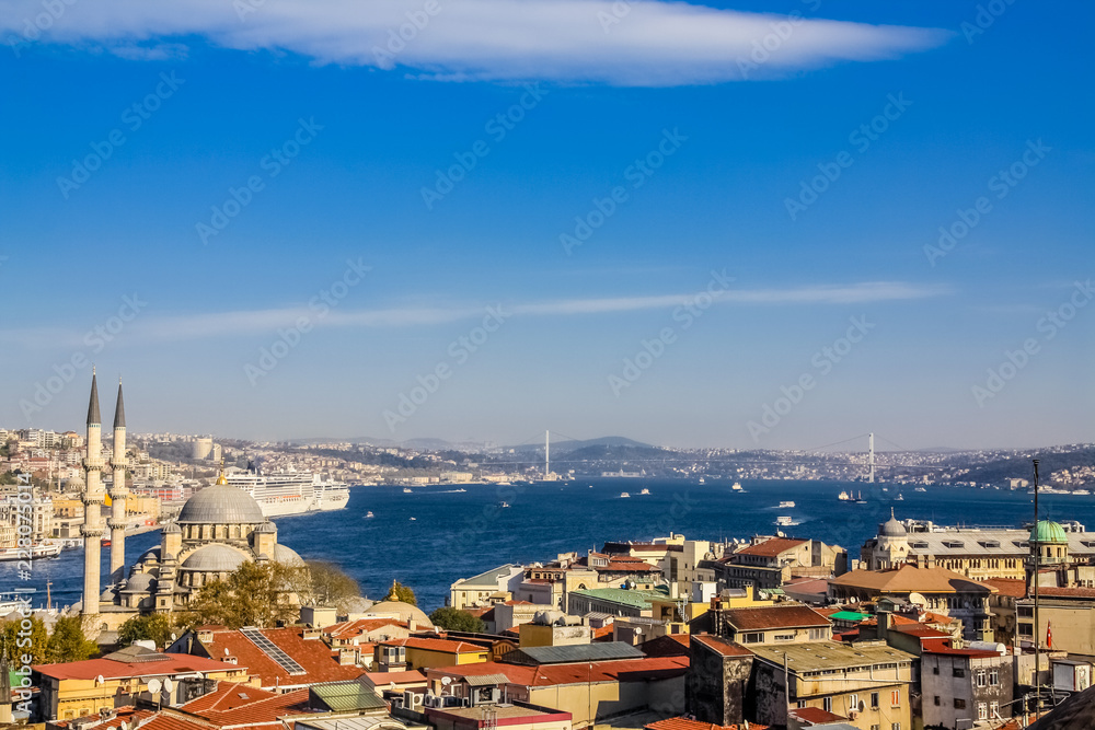 Istanbul, Turkey, November 10, 2010: Aerial view of the Bosphorus, taken from the roof of the Buyuk Valide Han.