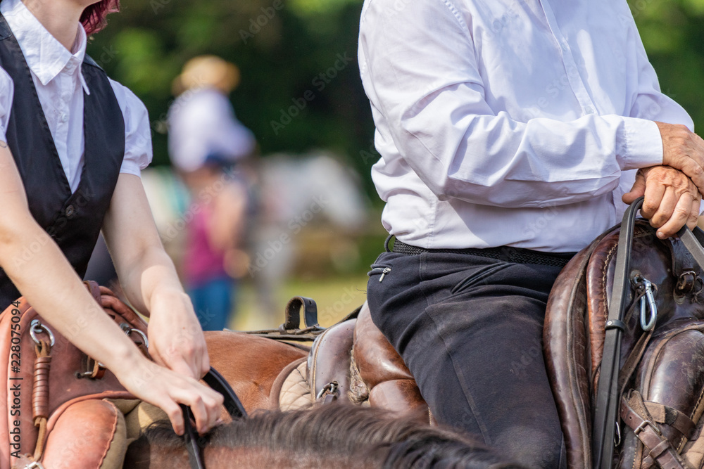 Fototapeta premium Girl power. Female rider on horse in lovely country ranch. Equestrian lifestyle, huntress, gracefull leadership.