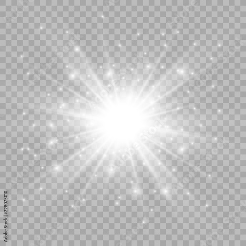White glowing light burst explosion with transparent. Vector illustration for cool effect decoration with ray sparkles. Bright star. Transparent shine gradient glitter.