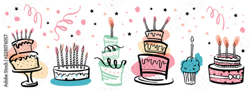 Set of stylized birthday cakes with color spots and decorations decorations. Hand drawn cartoon outline sketch illustration