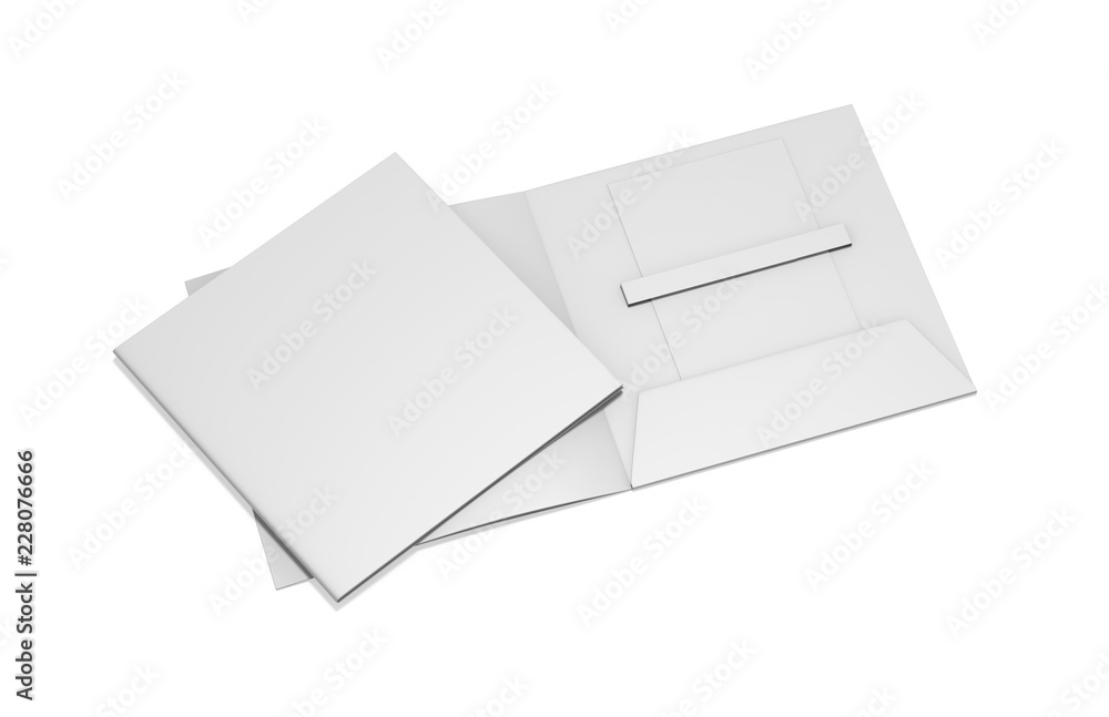Blank white plastic card mockup inside paper booklet holder, mock up template on isolated white background, 3d illustration Blank white plastic card mockup inside paper booklet holder, mock up template on isolated white background, 3d illustration