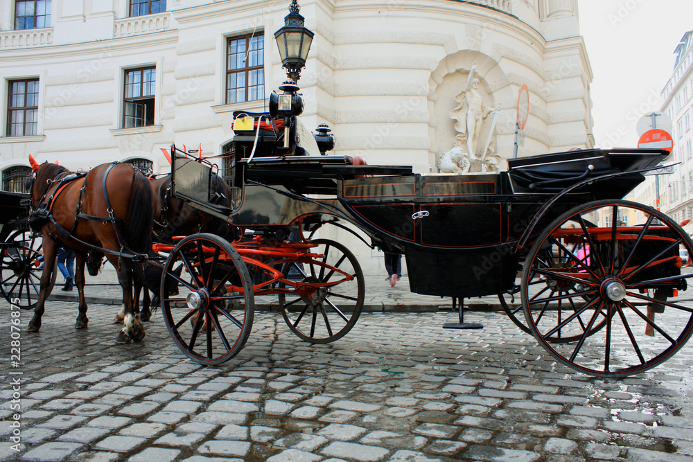 Vintage Horse-driven carriage near Hofburg palace in Vienna city in Austria.