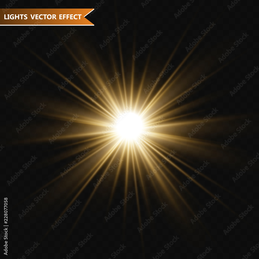 Gold glowing light burst explosion with transparent. Vector illustration for cool effect decoration with ray sparkles. Bright star. Transparent shine gradient glitter.