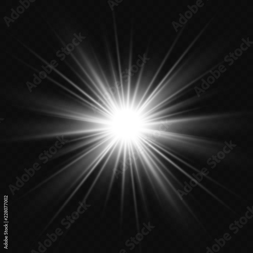 White glowing light burst explosion with transparent. Vector illustration for cool effect decoration with ray sparkles. Bright star. Transparent shine gradient glitter.