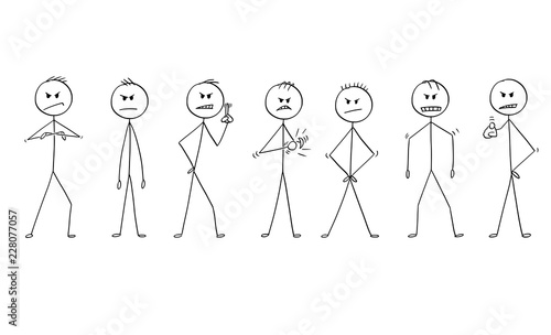 Cartoon stick drawing conceptual illustration of group or team of men or businessmen in angry poses. They are facing camera and showing different expression of anger.