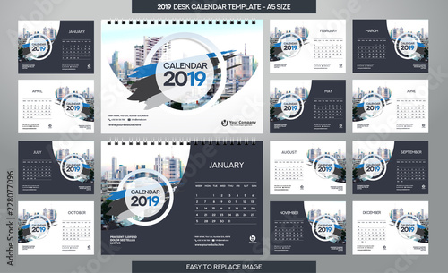 Desk Calendar 2019 template - 12 months included - A5 Size