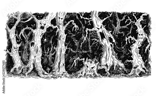 Vector black and white hand drawing of scary magic fantasy horror forest with deformed old trees and spooky eyes of dangerous creatures shining everywhere.