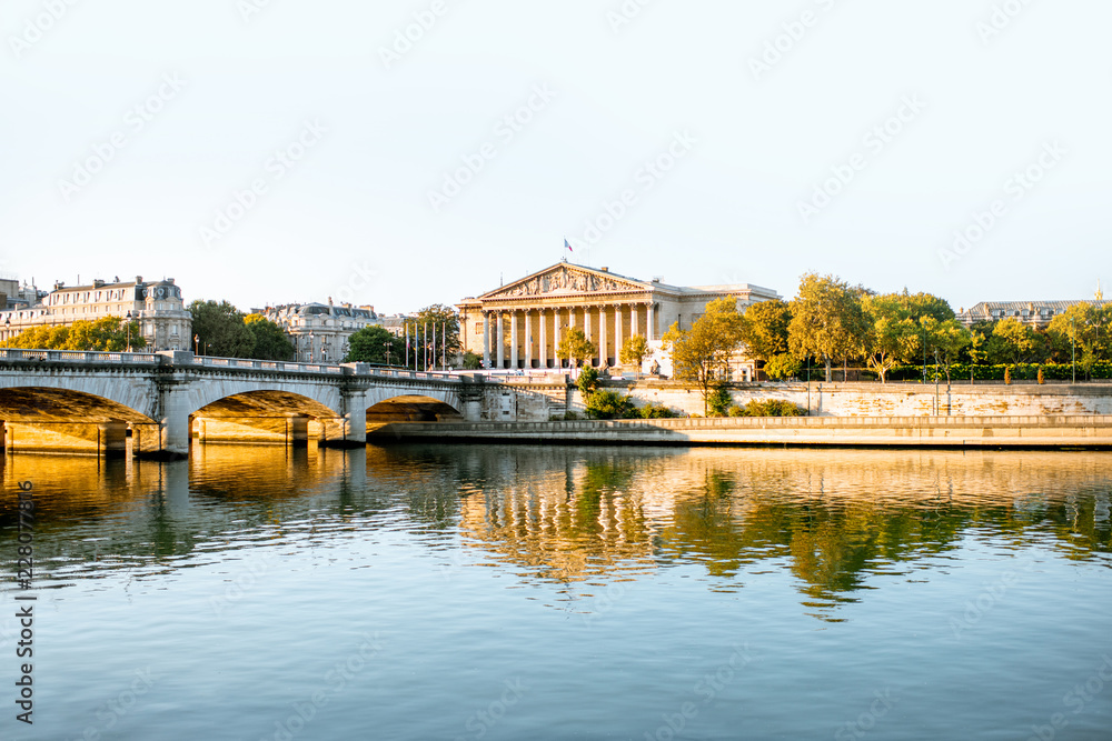 Landscape view of Concordia Bridge with National Assembly of France in Paris