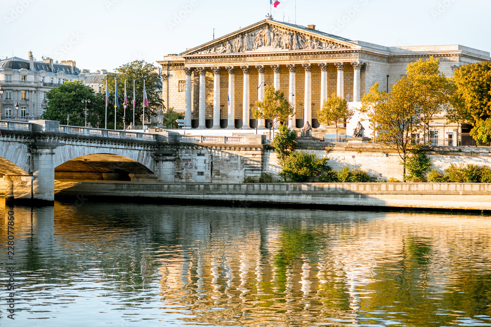Landscape view of Concordia Bridge with National Assembly of France in Paris