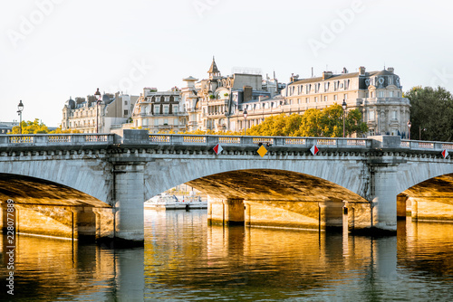 Landscape view of Concordia Bridge and residential buildings during the morning light in Paris