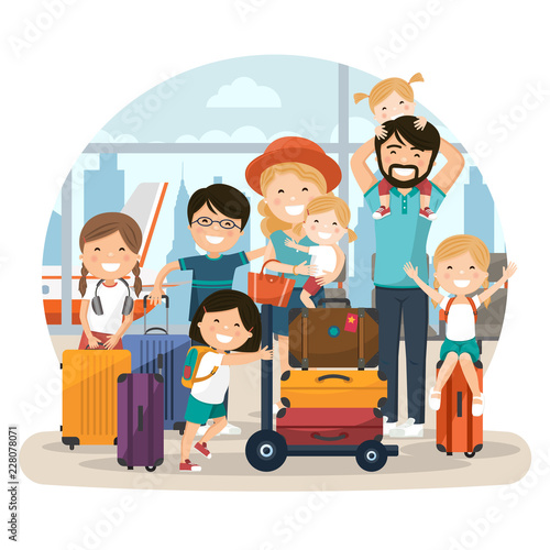 Happy numerous family at the airport waiting for a flight