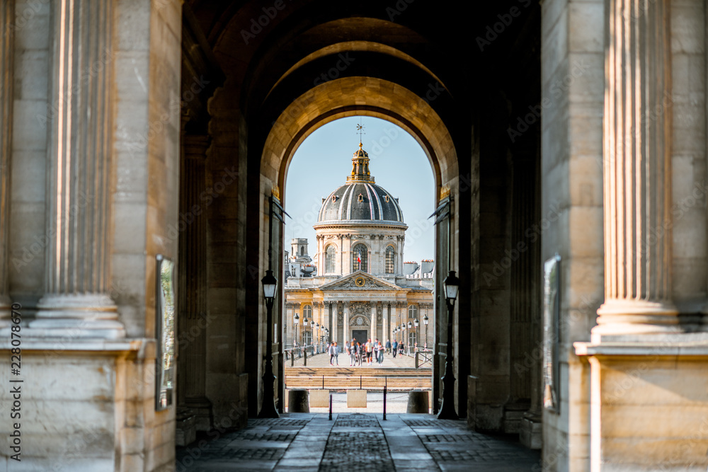 View through the arch on Institute of France building in Paris