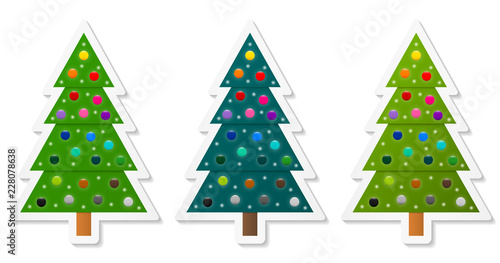 Set of abstract geometric coniferous trees stickers decorated with colorful baubles. Three shades of green. Vector EPS 10