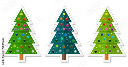 Set 2 of abstract geometric coniferous trees stickers decorated with colorful baubles. Three shades of green. Vector EPS 10