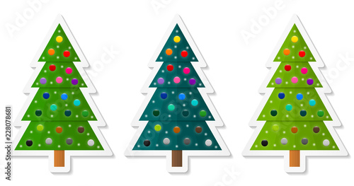 Set 3 of abstract geometric coniferous trees stickers decorated with colorful baubles. Three shades of green. Vector EPS 10