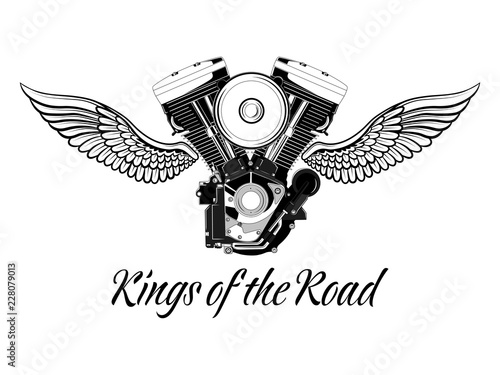 Motorcycle engine with wings and inscription. Black and white vector image.