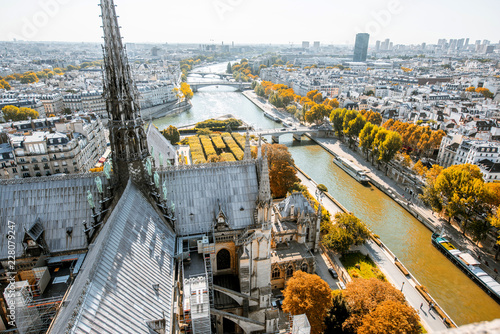 Aerial panoramic view of Paris from the Notre-Dame cathedral during the morning light in France