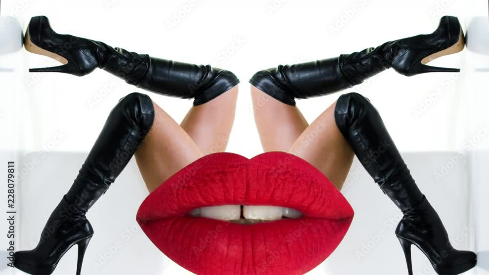 close up of the legs beautiful sexy woman posing and dancing in knee high black high heels made into an abstract pattern with overlayed poting red lips close up of the legs beautiful sexy woman posing and dancing in knee high black high heels made into an abstract pattern with overlayed poting red lips