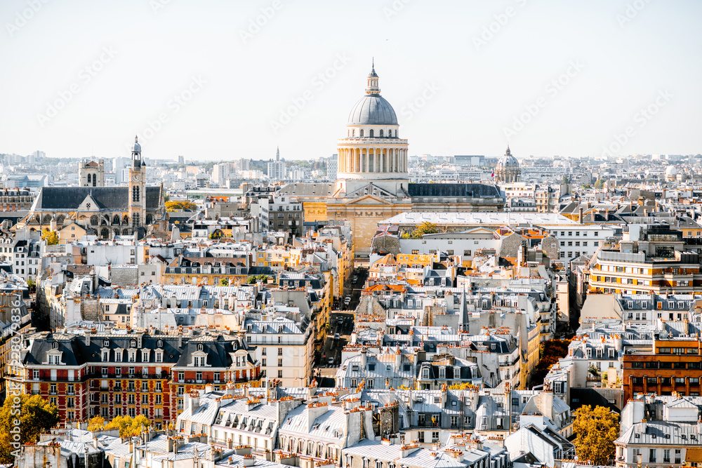 Aerial panoramic view of Paris from the Notre-Dame cathedral with Pantheon building during the morning light in France