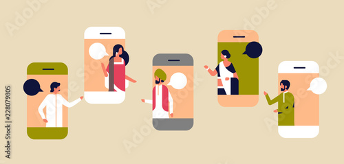 smartphone screen chat bubble mobile application communication concept speech dialogue indian man woman cartoon character portrait horizontal flat vector illustration
