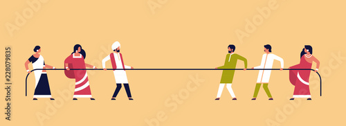 tug of war indian people team pulling opposite ends of rope against each other cartoon character full length indian man woman competition horizontal flat vector illustration