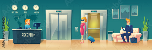 Vector cartoon background of hotel reception. Manager, receptionist behind the desk, guest with baggage at hall. Lobby with sofa, elevator and clocks. Tourism, business trip concept. Interior of inn.