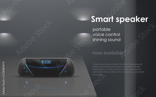 Vector realistic mockup with black portable smart speaker on gray background. Wireless audio device with voice control, modern electronic gadget with digital display to listen music and radio online