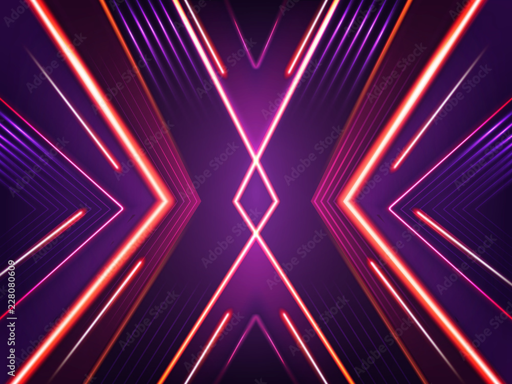 Vector abstract neon background. Bright shining pattern of xenon red,  purple and pink lamps. Futuristic concept, illuminated illustration.  Glowing lines - beams with flashes. Stock-vektor | Adobe Stock