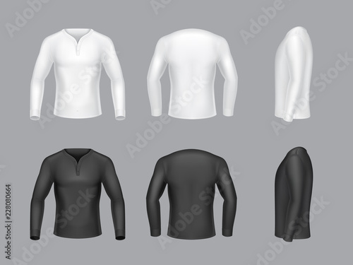 Vector collection 3d realistic white and black long sleeve sweaters with buttons. Modern fashion design. Clothes in different views side, back and front Man classic apparel isolated on grey background