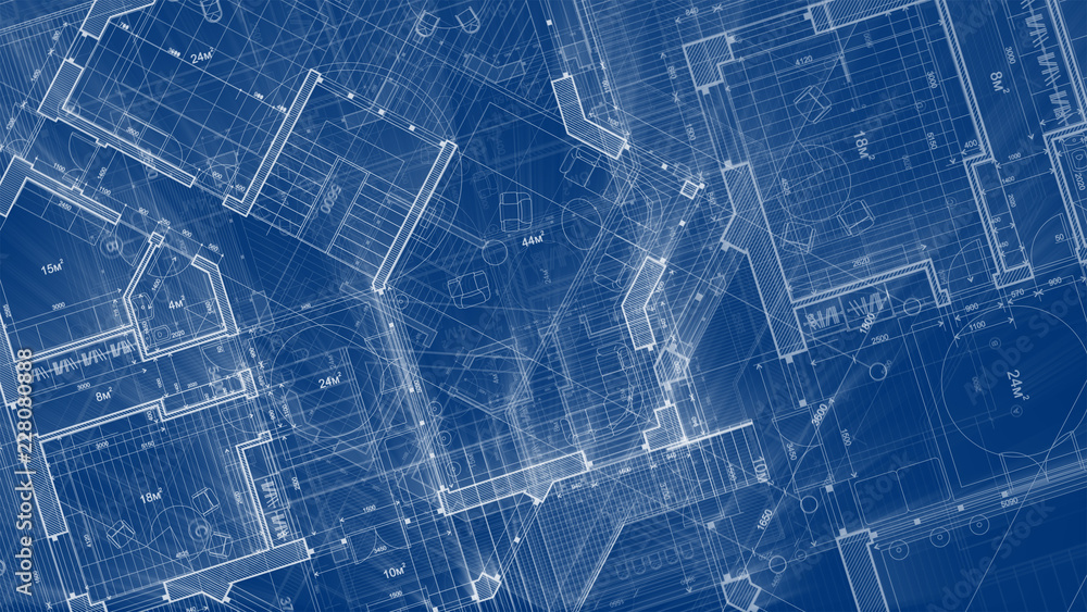 Architecture design: blueprint plan - illustration of a plan modern residential building / technology, industry, business concept illustration: real estate, building, construction, architecture Architecture design: blueprint plan - illustration of a plan modern residential building / technology, industry, business concept illustration: real estate, building, construction, architecture