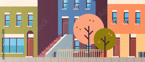 city building houses view autumn street leaves fall real estate flat horizontal vector illustration