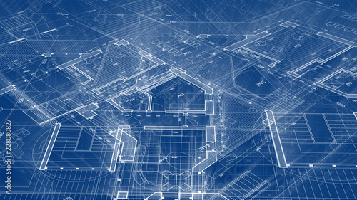 Architecture design: blueprint plan - illustration of a plan modern residential building / technology, industry, business concept illustration: real estate, building, construction, architecture
