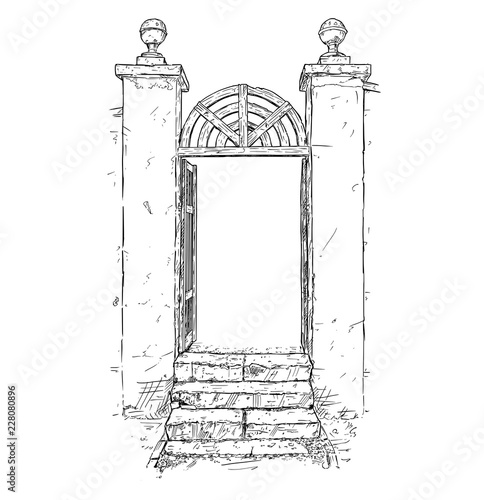 Vector artistic pen and ink drawing illustration of simple decorated chateau park garden gate with stairs.