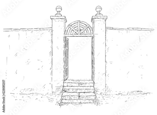 Vector artistic pen and ink drawing illustration of simple decorated chateau park garden gate with stairs and wall around.