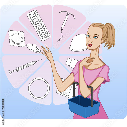 Young woman shopping for methods of birth control, presented schematically