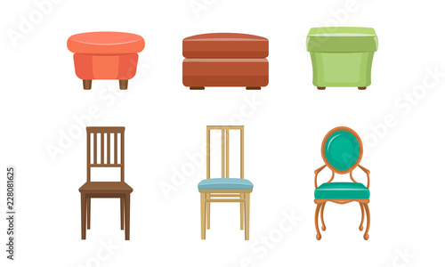 Bedroom poufs and chairs set, colorful comfortable furniture vector Illustration on a white background