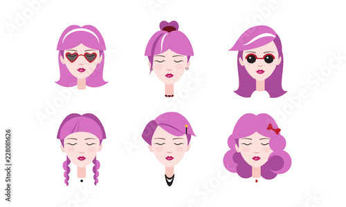 Head of lovely girls with purple hair set, different types of female hairstyles vector Illustration on a white background