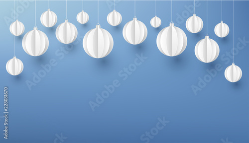 Blue Christmas poster with white paper Christmas balls.