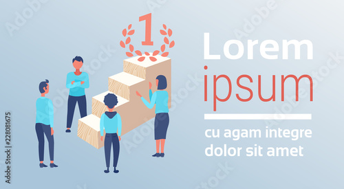 business people near podium ladder first place concept winner businessman woman successful working strategy champion flat horizontal copy space vector illustration