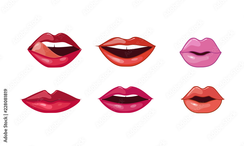 Female lips set, woman lips with different lipstick colors and various emotions vector Illustration on a white background Female lips set, woman lips with different lipstick colors and various emotions vector Illustration on a white background