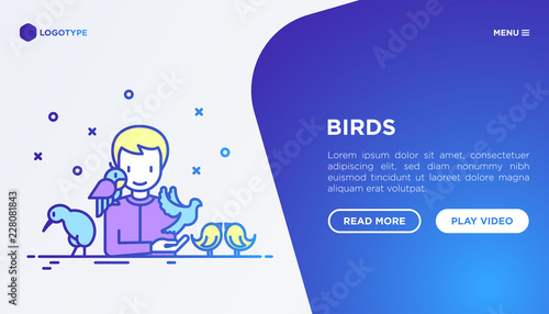 Ornithologist with different types of birds concept. Vector illustration, web page template on gradient background.