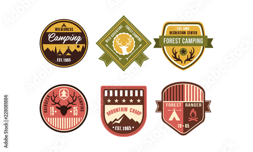 Wilderness camping retro logo badges set, reindeer camping, forest ranger, mountain camp, recreation center vintage labels vector Illustration on a white background