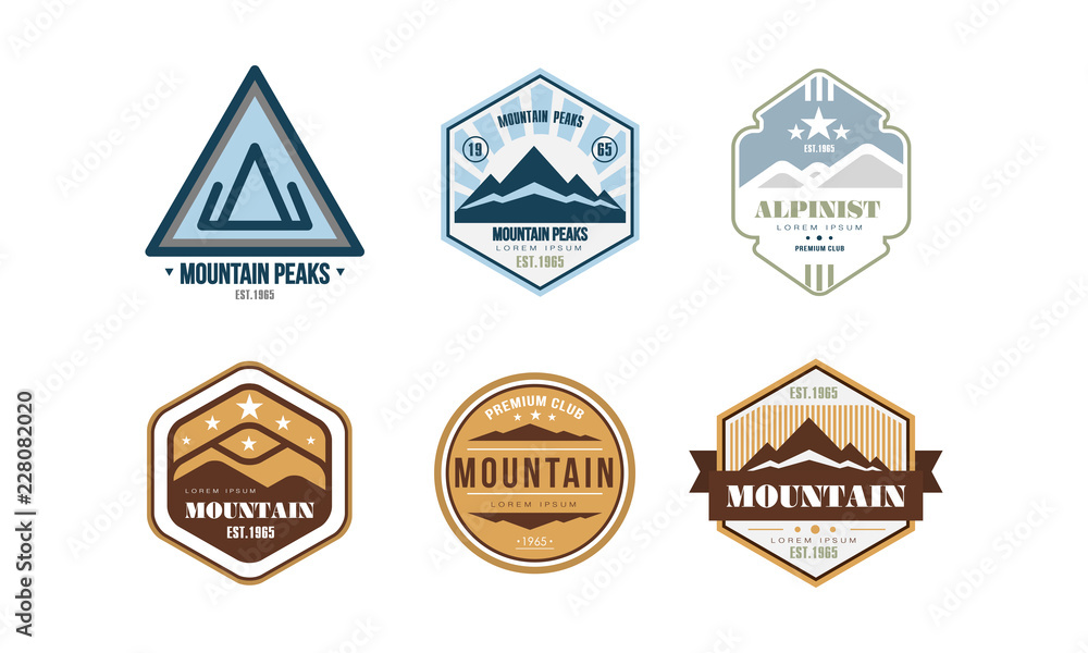Mountain peaks logo design set, camping, mountain expedition, hiking vintage labels vector Illustration on a white background