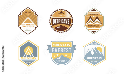 Mountain peaks logo design set, camping, hiking, expedition, deep cave retro labels vector Illustration on a white background