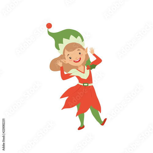 Cute happy Christmas elf girl, little Santa Claus helper vector Illustration on a white background