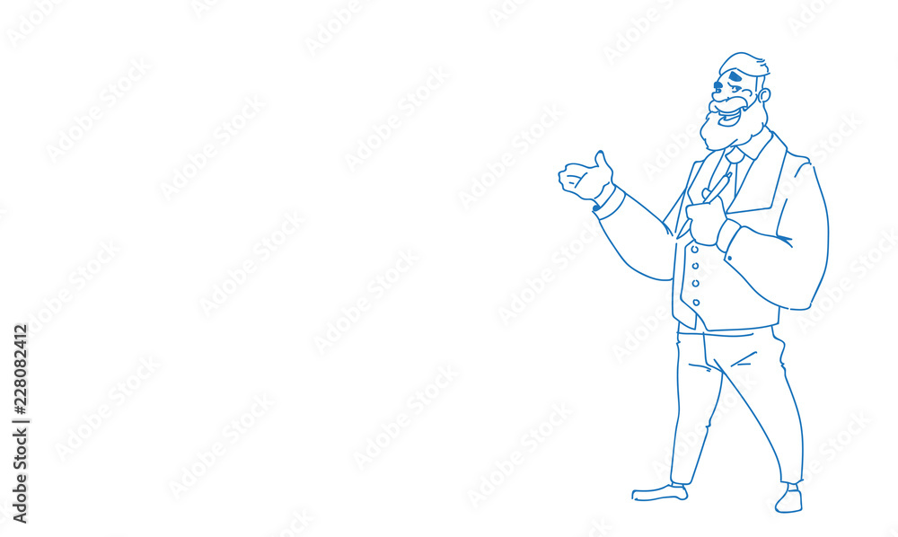 Businessman gesture presenting showing concept seminar training conference presentation sketch doodle vector illustration